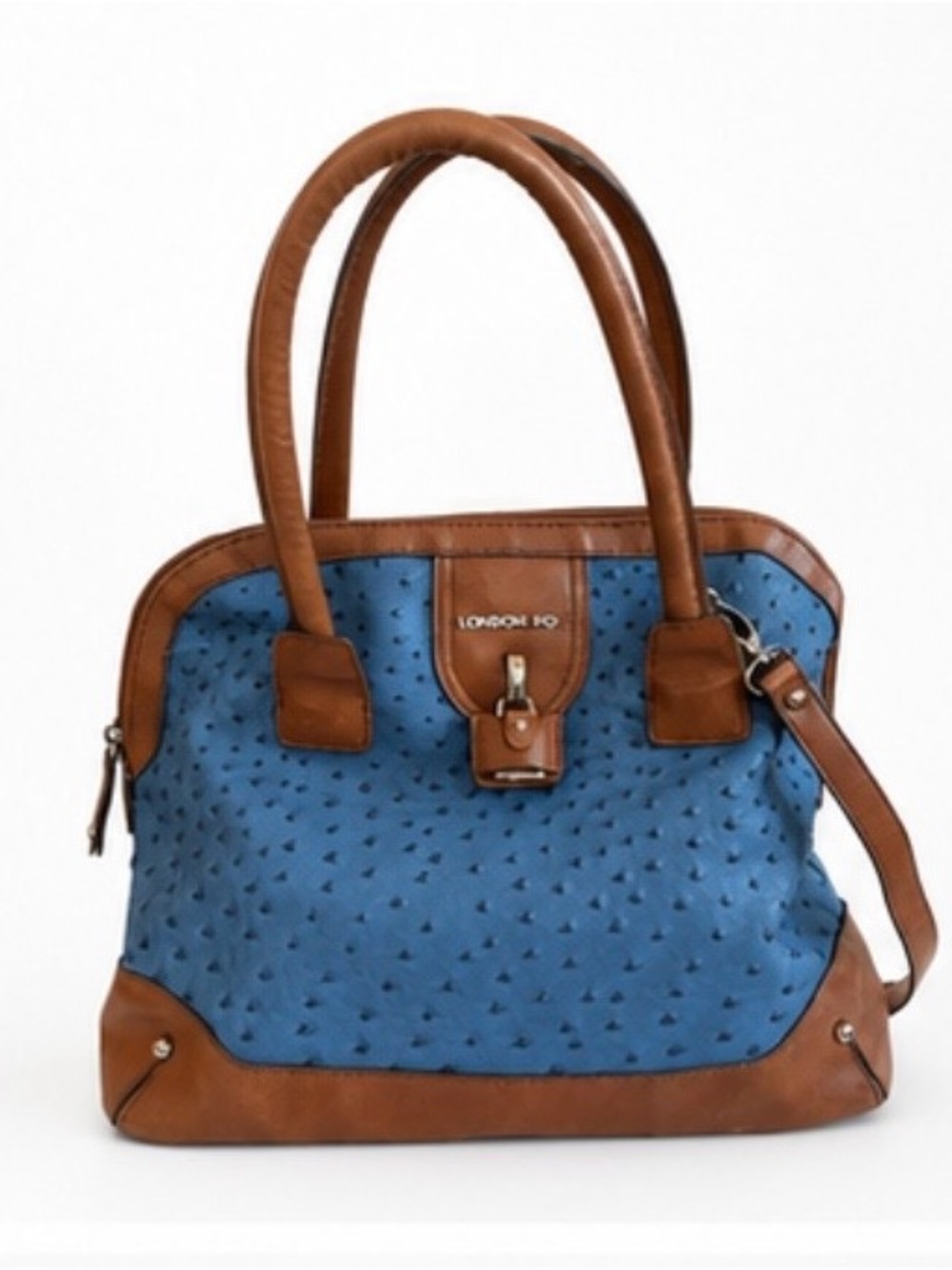London Fog Blue Ostrich Embossed Satchel Crossbody Cognac Trim